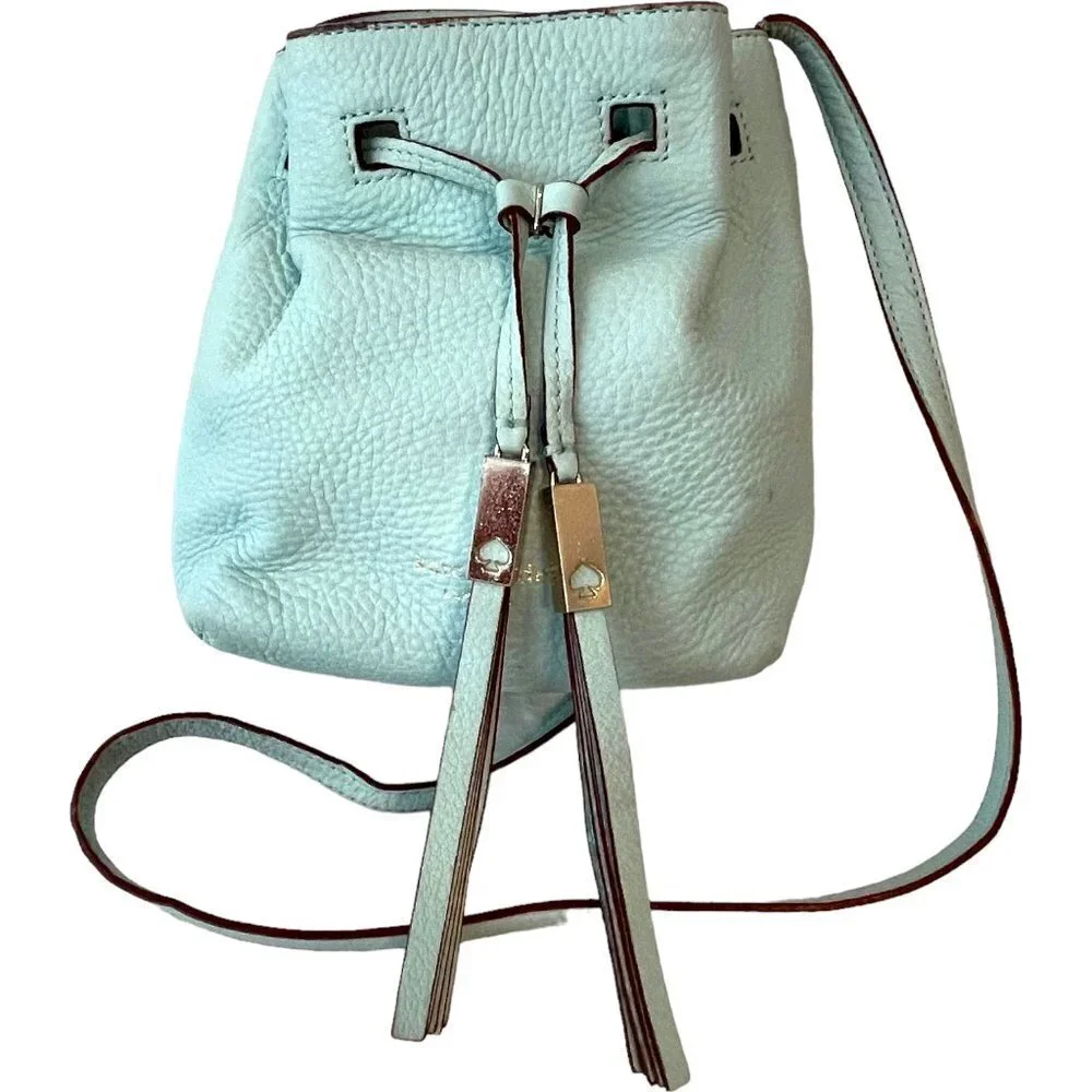 Kate Spade Copper Drawstring Bucket Bag Small Crossbody Strap Lined Light Blue